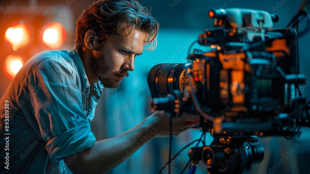 A photographer adjusting camera settings and positioning lights, preparing for a photo shoot with careful attention to detail. A photographer adjusting camera settings and positioning lights, preparing for a photo shoot with careful attention to detail.