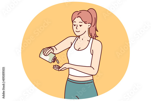 Woman fitness trainer uses sports supplements to improve health and achieve new career results. Slender beautiful fitness girl takes doping before training or important competitions