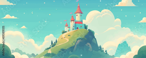 A whimsical fairy tale castle perched on a hilltop. Vector flat minimalistic isolated illustration.