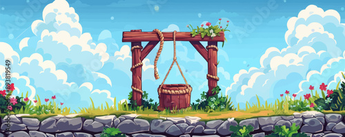 Rustic water well with bucket and rope Vector flat minimalistic isolated illustration
