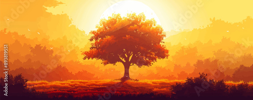 A mystical forest clearing bathed in golden sunlight with a solitary tree in the center. Vector flat minimalistic isolated illustration.