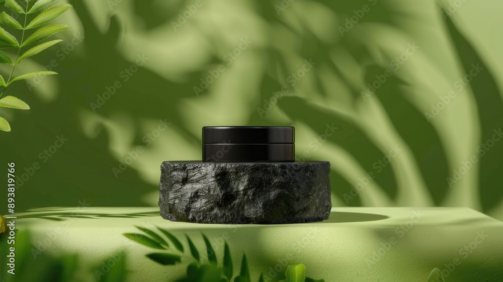Black stone podium on green backdrop: Textured beauty product stand with copy space Black stone podium on green backdrop: Textured beauty product stand with copy space