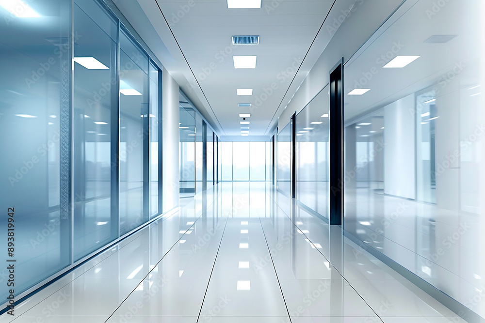 A sleek, modern office hallway with reflective floors and glass walls, illustrating a professional and clean corporate environment.