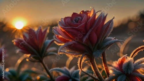 Roses in icy hoarfrost at sunset photo