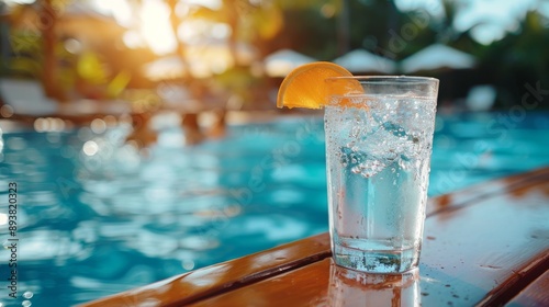 A refreshing glass of iced water with an orange wedge rests on a wooden surface by a sparkling pool photo