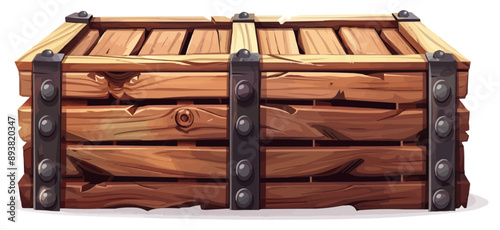 Classic wooden crate with metal hardware and slats Vector flat minimalistic isolated illustration
