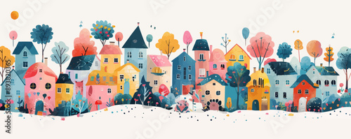 A whimsical village populated by anthropomorphic animals. Vector flat minimalistic isolated illustration.