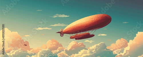 Steampunk dirigible floating in a cloudy sky Vector flat minimalistic isolated illustration