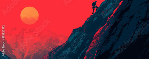 Mountain climber scaling a steep rock face. Vector flat minimalistic isolated illustration.