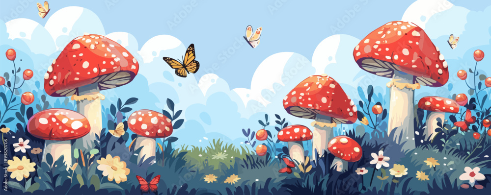 Enchanted fairy garden with toadstools and butterflies. Vector flat minimalistic isolated illustration. Enchanted fairy garden with toadstools and butterflies. Vector flat minimalistic isolated illustration.