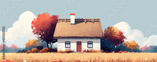 Whimsical fairytale cottage with thatched roof Vector flat minimalistic isolated illustration