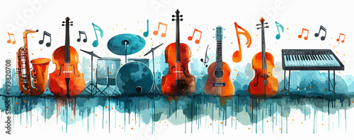 Musical notes and instruments with treble clef and bass clef symbols on a plain white surface. Vector flat isolated