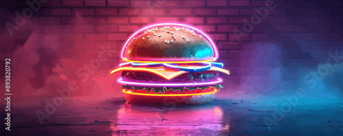 Retro diner neon sign with a sizzling burger Vector flat minimalistic isolated illustration