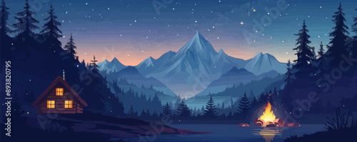 A serene mountain retreat with log cabins and a campfire under the stars. Vector flat minimalistic isolated illustration.