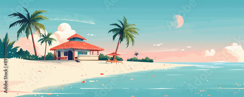 Tropical island scene with palm trees and a beach bar Vector flat minimalistic isolated illustration