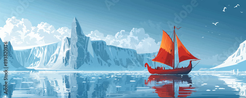 Nordic longship sailing through icy waters. Vector flat minimalistic isolated illustration.