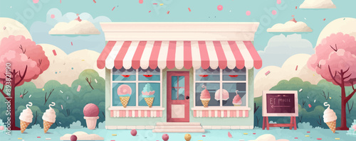 Vintage ice cream parlor with striped awnings and ice cream cones Vector flat minimalistic isolated illustration