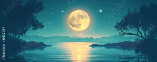A radiant full moon casting its glow over a tranquil landscape. Vector flat minimalistic isolated illustration.