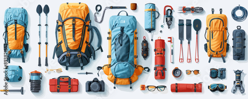 Outdoor equipment and adventure gear on a clean white surface. Vector flat isolated illustration.