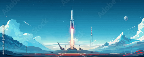 Futuristic spaceport with rocket launch pads Vector flat minimalistic isolated illustration
