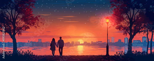 A couple strolling along the waterfront in the evening. Vector flat minimalistic isolated illustration.