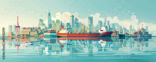 Modern cityscape with a bustling harbor and cargo ships Vector flat minimalistic isolated illustration