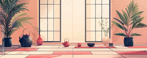 Japanese tea ceremony with traditional utensils and tatami mats. Vector flat minimalistic isolated illustration.