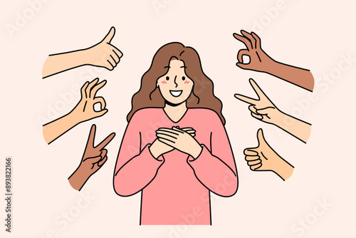 Public approval for happy woman standing among positive OK and thumbs up gestures. People support blogger girlfriend by showing approval and honest feedback or agreement with idol opinion