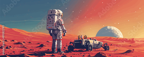 Sci-fi astronaut exploring an alien planet with a rover Vector flat minimalistic isolated illustration