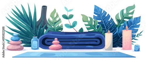 Yoga mat and meditation accessories on a white background. Vector flat isolated illustration.