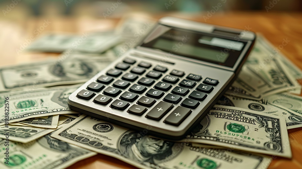 Numerous hundred-dollar bills arranged haphazardly around a calculator on a wooden tabletop, symbolizing financial planning and monetary calculations in a professional setting Numerous hundred-dollar bills arranged haphazardly around a calculator on a wooden tabletop, symbolizing financial planning and monetary calculations in a professional setting