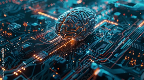 Brain Technology Fusion in Digital Landscape - A futuristic representation of a brain placed on a circuit board symbolizing artificial intelligence, neural networks, innovation, technology, and creati