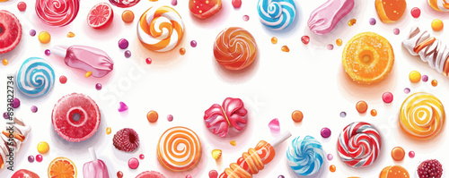 Assorted candies and sweets on a white background. Vector flat isolated illustration.