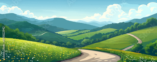 A peaceful countryside scene with rolling hills and a winding country road. Vector flat minimalistic isolated illustration.
