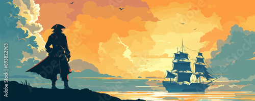 A daring pirate captain standing at the helm of their ship, eyeing a distant merchant vessel. Vector flat minimalistic isolated illustration.