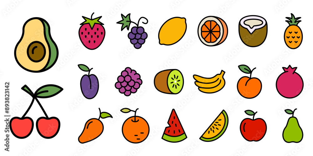 Obraz premium Fruit icon set. Flat outline style fruit set. Vector illustration.