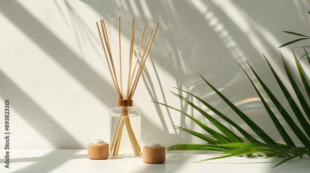 Reed diffuser with fragrance and palm leaves on light background Reed diffuser with fragrance and palm leaves on light background