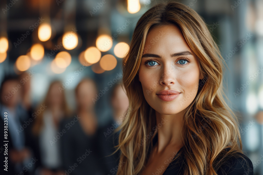 Confident businesswoman in an office setting. Ideal for showcasing leadership, professional success, and corporate identity. Perfect for business marketing and editorial content
