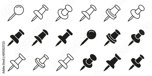 Push pin icon set. Linear and silhouette style.