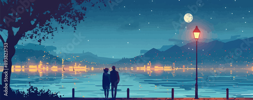 A couple strolling along the waterfront in the evening. Vector flat minimalistic isolated illustration.