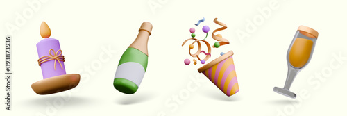 Cute candle, corked bottle of sparkling wine, explosion of firecracker, glass with yellow drink