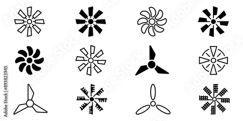Windmill icon set. Silhouette and linear style. Vector illustration.