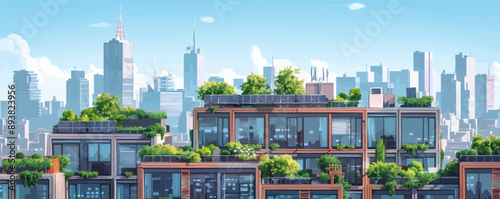 Modern cityscape with rooftop gardens and solar panels Vector flat minimalistic isolated illustration