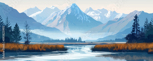 A serene mountain valley with a winding river and snow-capped peaks in the distance. Vector flat minimalistic isolated illustration.