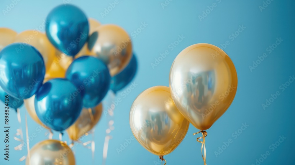 A bunch of balloons in blue and gold are floating in the air. The balloons are arranged in a way that creates a sense of celebration and joy A bunch of balloons in blue and gold are floating in the air. The balloons are arranged in a way that creates a sense of celebration and joy