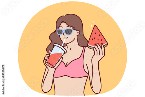 Woman in bikini drinks fruit smoothie and eats watermelon relaxing on beach or pool party. Woman in bikini and sunglasses enjoy vacation on tropical island traveling on summer vacation