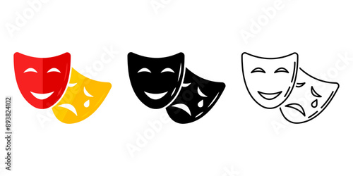 Theater mask vector icon set. Comedy and tragedy masks.