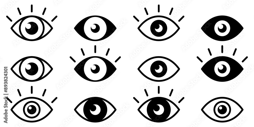 Eye icon set. Silhouette and linear style. Eye icon set. Silhouette and linear style.