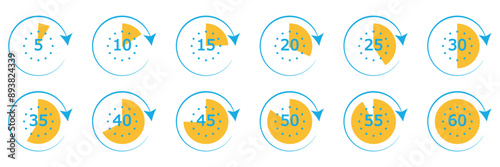 Timer and stopwatch icons vector set. Cooking time symbols and labels. Kitchen timer icon with different minutes.