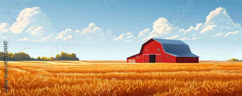 A serene countryside barn surrounded by fields of golden wheat. Vector flat minimalistic isolated illustration.